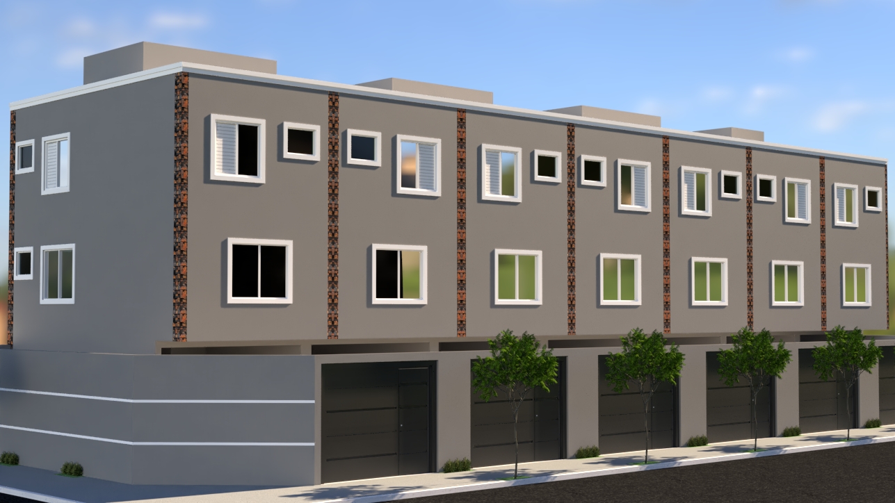 Fachada frontal dos sobrados com garagens individuais