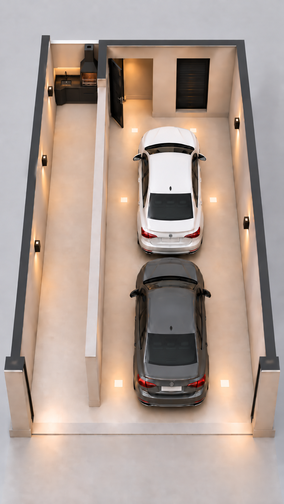 Planta do térreo do sobrado de esquina com garagem para 2 autos e área gourmet