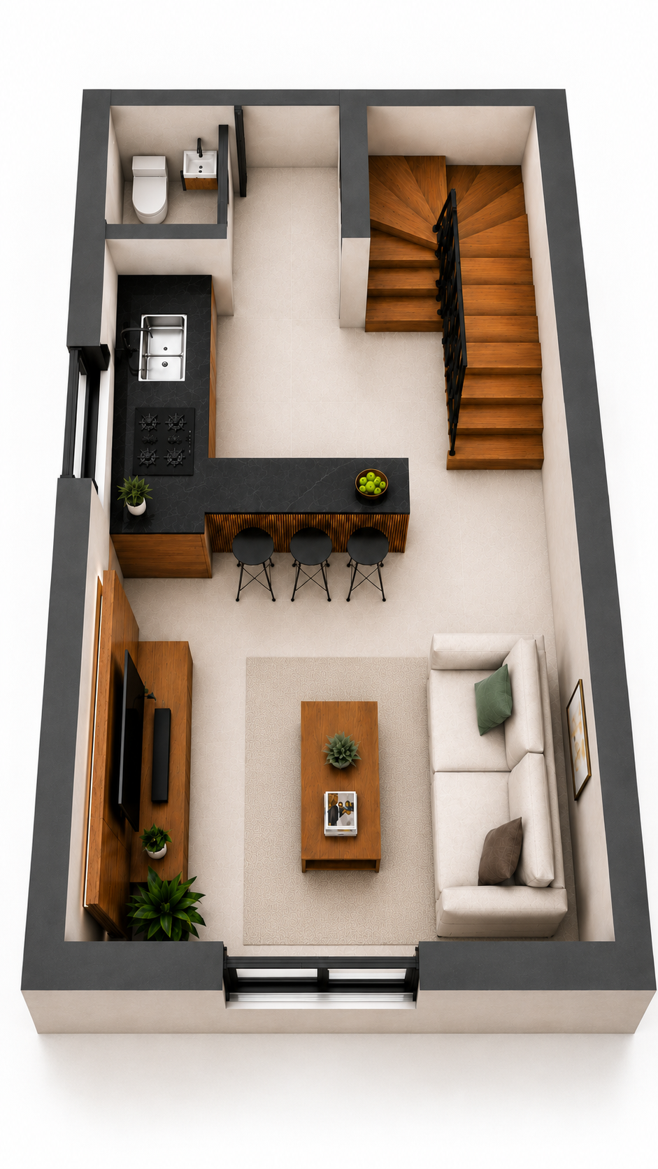 Planta do pavimento do sobrado de esquina com sala, cozinha e lavanderia